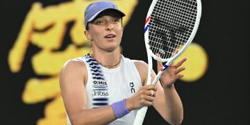 Iga Swiatek of Poland celebrates winning her Women's Singles fourth round match against Maddison