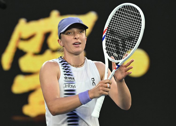 Iga Swiatek of Poland celebrates winning her Women's Singles fourth round match against Maddison