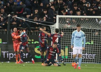 Players of Cagliari celebrate the victory at the end of the Italian Serie A soccer match between Cagliari Calcio and Juventus