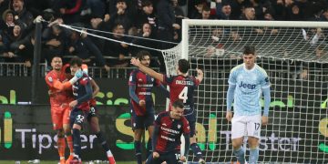 Players of Cagliari celebrate the victory at the end of the Italian Serie A soccer match between Cagliari Calcio and Juventus