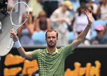 Daniil Medvedev of Russia celebrates after winning the men's singles first round match against
