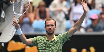 Daniil Medvedev of Russia celebrates after winning the men's singles first round match against