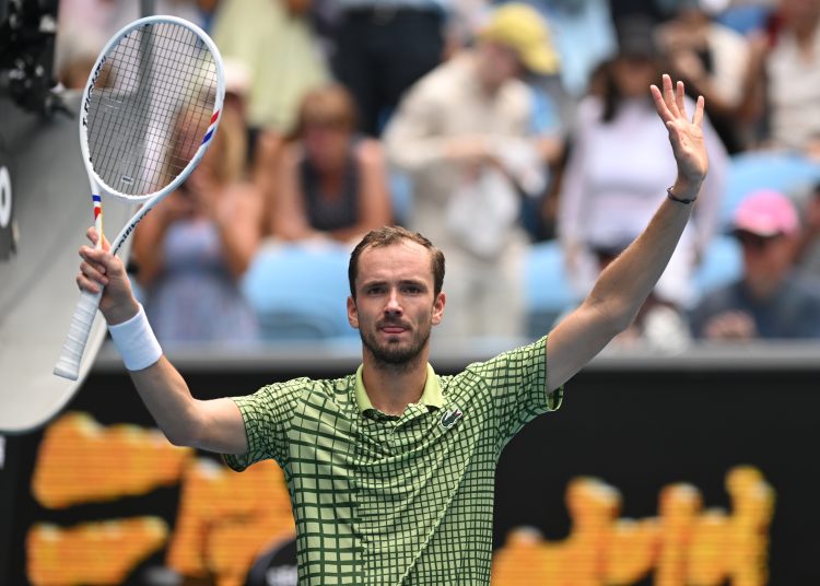 Daniil Medvedev of Russia celebrates after winning the men's singles first round match against