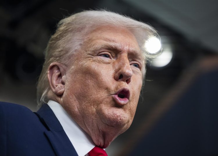 Donald Trump durante una rueda de prensa en la Casa Blanca, donde presumió logros económicos y migratorios. EFE/EPA/JIM LO SCALZO