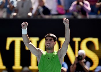 Carlos Alcaraz of Spain celebrates match point during the men's third round match against Corentin