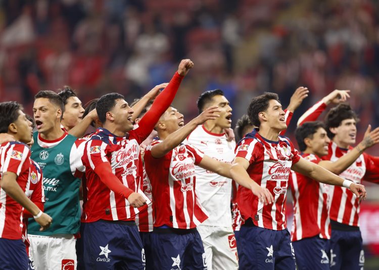Bryan Gonzalez, Daniel Aguirre, Jose Rangel, Jose Castillo of Guadalajara during the 6th round match between Guadalajara and America as part of the Liga BBVA MX, Torneo Clausura 2026 at Akron Stadium, on February 14, 2026 in Guadalajara, Jalisco, Mexico.