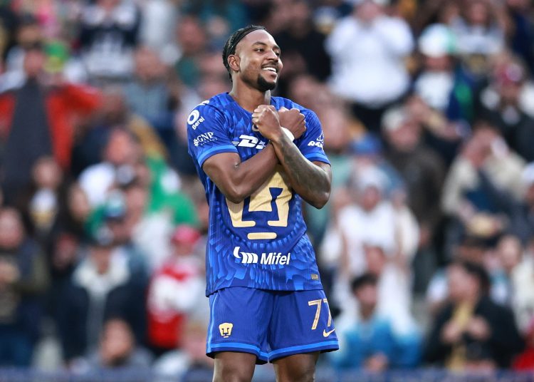 Alvaro Angulo celebrates his goal 1-0 of Pumas during the 7th round match between Pumas UNAM and Monterrey as part of the Liga BBVA MX Varonil, Torneo Clausura 2026 at Olimpico Universitario Stadium, on February 22, 2026 in Mexico City, Mexico.
