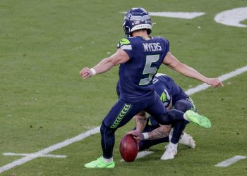 Seattle Seahawks place kicker Jason Myers kicks his third field goal against the New England Patriots