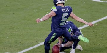 Seattle Seahawks place kicker Jason Myers kicks his third field goal against the New England Patriots