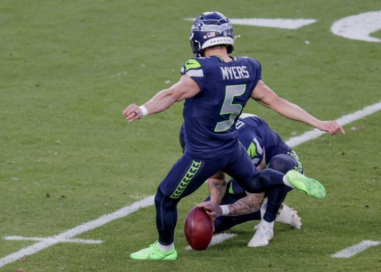 Seattle Seahawks place kicker Jason Myers kicks his third field goal against the New England Patriots