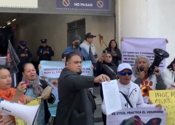 Manifestantes con pancartas frente a la Fiscalía capitalina exigen justicia para los perros del Refugio Franciscano