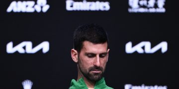 Novak Djokovic of Serbia attends a press conference after losing the Men’s Singles