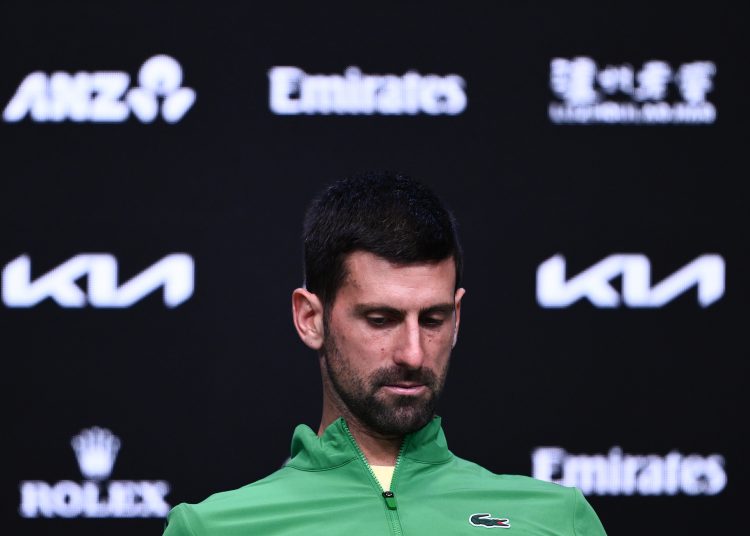 Novak Djokovic of Serbia attends a press conference after losing the Men’s Singles