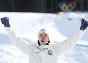 Gold medalist Jens Luraas Oftebro of Norway poses during the award ceremony of the Men's Individual Gundersen Large Hill