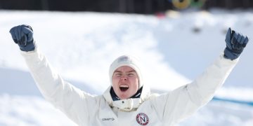 Gold medalist Jens Luraas Oftebro of Norway poses during the award ceremony of the Men's Individual Gundersen Large Hill