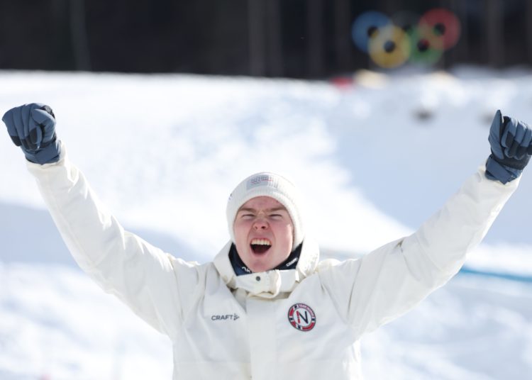 Gold medalist Jens Luraas Oftebro of Norway poses during the award ceremony of the Men's Individual Gundersen Large Hill