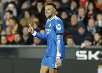 Real Madrid's Kylian Mbappe reacts during the Spanish LaLiga soccer match between Valencia