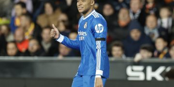 Real Madrid's Kylian Mbappe reacts during the Spanish LaLiga soccer match between Valencia