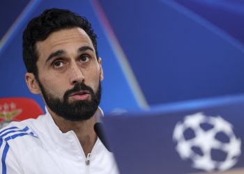 Real Madrid head coach Alvaro Arbeloa attends a press conference at Luz stadium, in Lisbon, Portugal