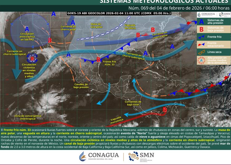Frente frío 33 provoca lluvias intensas, evento de Norte y posible nieve en volcanes