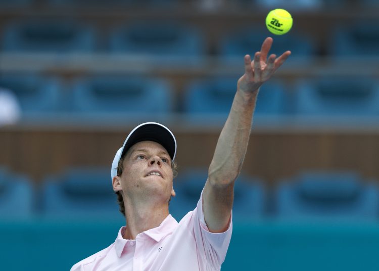 Jannik Sinner of Italy in action against Damir Dzumhur of Bosnia-Herzegovina