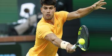 Carlos Alcaraz of Spain in action during the men’s singles match against
