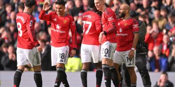 Benjamin Sesko of Manchester United celebrates scoring his teams second goal to make it 2-1 during the English Premier League match of Manchester United