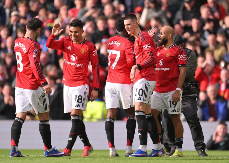 Benjamin Sesko of Manchester United celebrates scoring his teams second goal to make it 2-1 during the English Premier League match of Manchester United