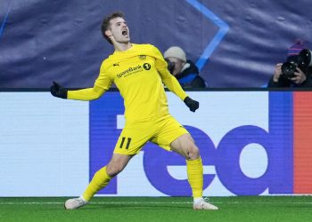 Bodo/Glimt's Ole Didrik Blomberg celebrates after scoring the 2-0 goal during the UEFA Champions League