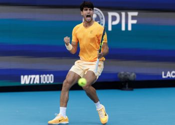 Carlos Alcaraz of Spain reacts during his match against Sebastian Korda of USA during the Men's Singles Third Round