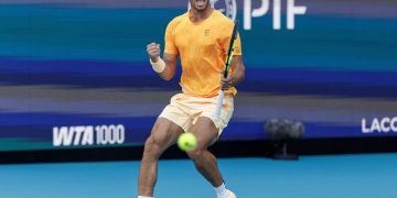 Carlos Alcaraz of Spain reacts during his match against Sebastian Korda of USA during the Men's Singles Third Round