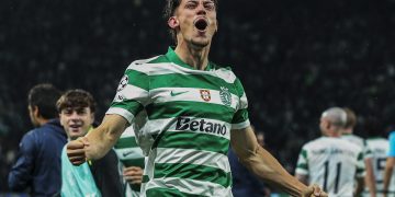 Sporting CP's Rafael Nel celebrates scoring the 5-0 goal during the UEFA Champions League Round of 16 second