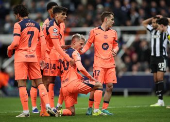 Players of Barcelona interact after the UEFA Champions League Round