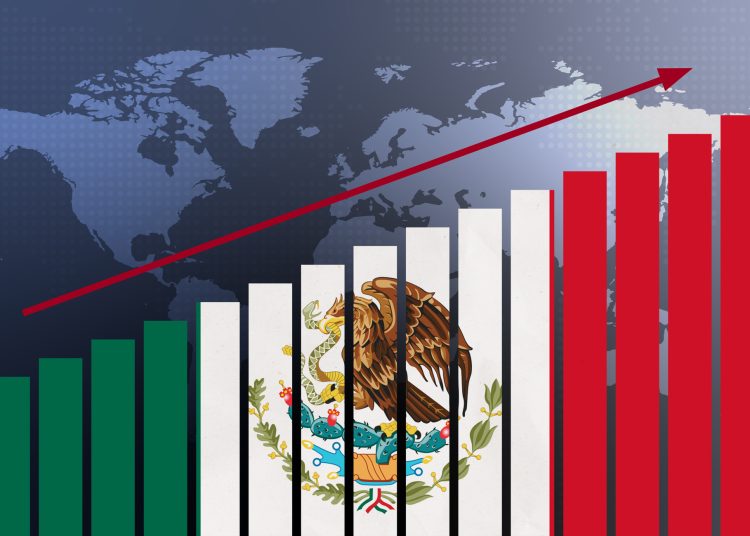 Mexico flag on bar chart concept with increasing values, economic recovery and business improving after crisis and other catastrophe as economy and businesses reopen again