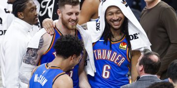 Thunder center Isaiah Hartenstein (C-L), guard Jared McCain (bottom L)