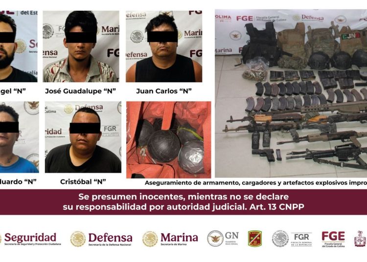 Confirman en Colima cinco detenidos, dos abatidos y arsenal asegurado tras operativo en Tecomán