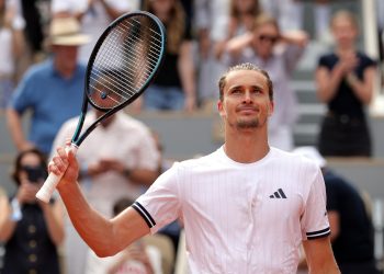 Alexander Zverev of Germany celebrates winning his Men's 4th round match against Jesper de Jong
