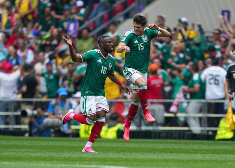 Julian Quinones celebrates his goal 1-0 with Israel Reyes of Mexico during the match Mexico (Mexican National Team) vs (and) South Africa as part Group A of the FIFA World Cup 2026, at Mexico City Stadium, on June 11, 2026, Mexico City, Mexico.