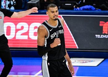 San Antonio Spurs forward/center Victor Wembanyama celebrates during game 7 of the NBA West Conference