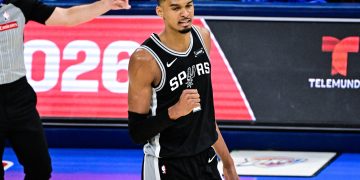 San Antonio Spurs forward/center Victor Wembanyama celebrates during game 7 of the NBA West Conference