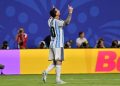 Lionel Messi of Argentina celebrates scoring the 3-0 goal during the FIFA World Cup