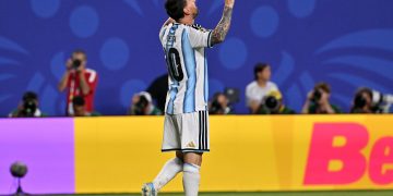Lionel Messi of Argentina celebrates scoring the 3-0 goal during the FIFA World Cup