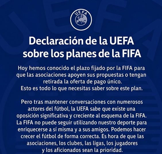 UEFA endurece su postura contra el plan de inversión de la FIFA y acusa al organismo de priorizar intereses económicos