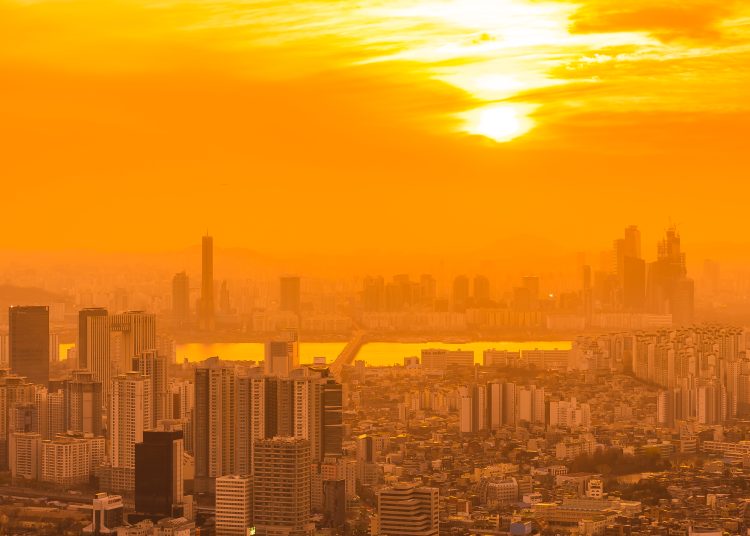 Beautiful landscape and cityscape with architecture and building at sunset time in Seoul city South Korea