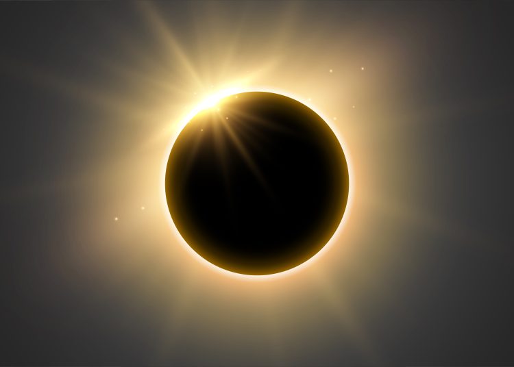 beautiful full solar eclipse with bright rays for spiritual energy vector
